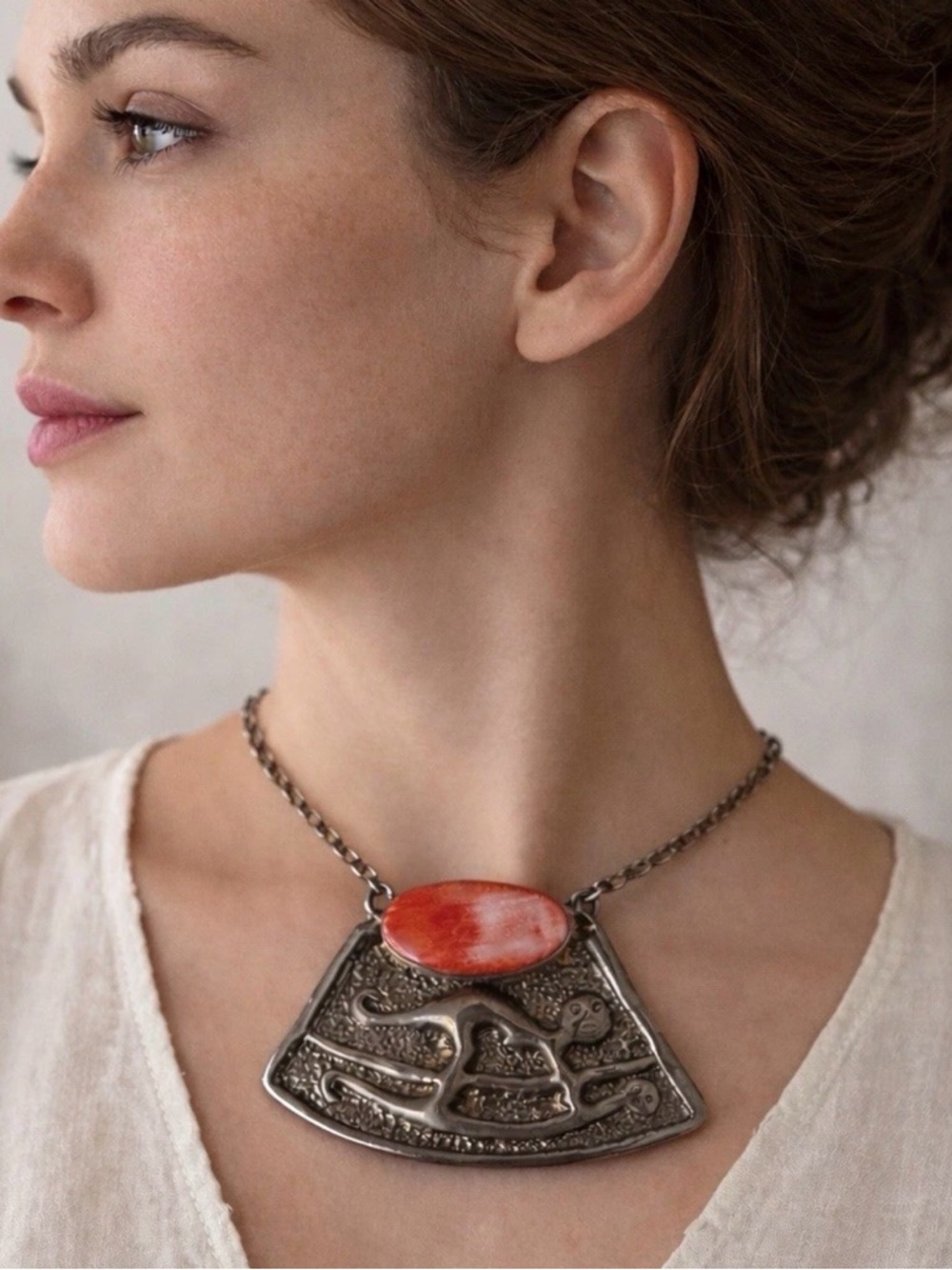 Vintage USHINA 950 Silver Pendant Red Marble Calcite Look Tribal Design